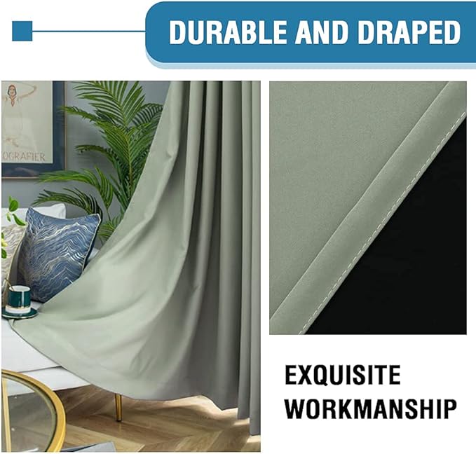 H.VERSAILTEX 100% Blackout Curtains for Bedroom Thermal Insulated Blackout Curtains 54 inch Length Heat and Full Light Blocking Curtains for Living Room with Black Liner 2 Panels Set, Light Sage