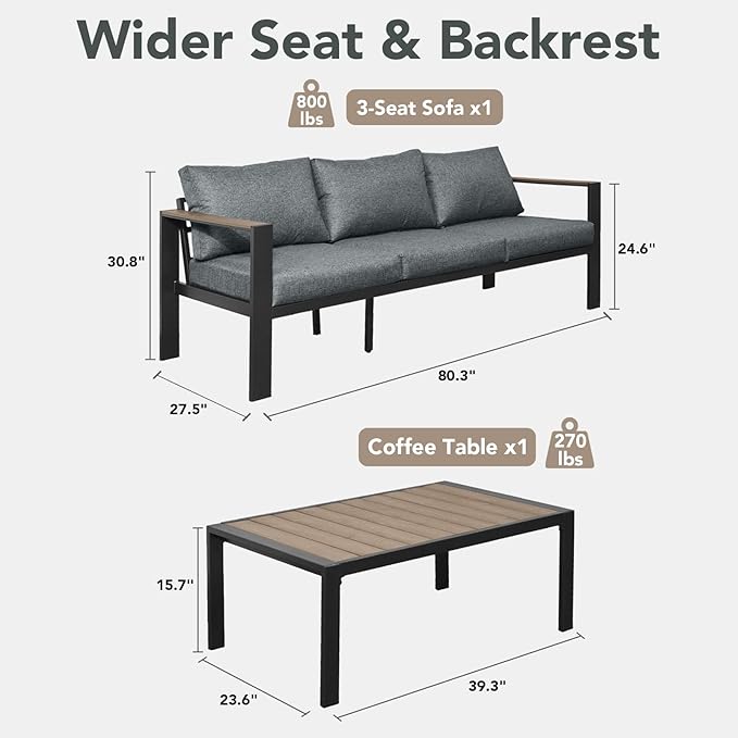 Outdoor Patio Furniture Set 3 Seats Sofa and Coffee Table with Washable Thick Cushions, All-Weather Luxury Aluminum Modern Outside Sectional Set for Porch, Balcony, Deck, Yard, Gray