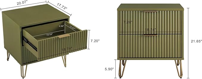 Manhattan Comfort Dumbo Modern Nightstand 2.0 with 2 Drawer and Metal Feet | Splayed Gold Legs | Vertical Ribbed Design | No Tool Assembly Storage for Bedroom, Set of 2, Set of 2, Olive Green