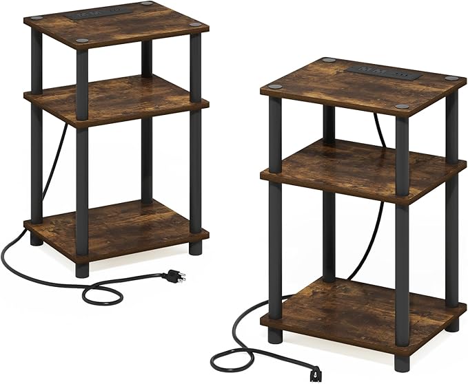 Furinno JUST Side Table Set of 2, 3-Tier Modern End Table with Charging Station, Open Shelf Night Stand, Bedside Table with USB and Type-C Charging Port, for Living Room, Bedroom, Amber Pine