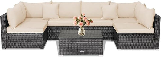 Tangkula 7 Piece Patio Wicker Furniture Set, Outdoor Rattan Sectional Sofa Set for 6 with Seat & Back Cushions, 2 Throw Pillows, Sofa Fastener Clips, for Backyard, Poolside, Deck and Garden (Beige)
