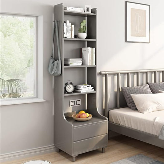 IOTXY Grey Bedside Table Bookshelf - 71" Tall Free Standing Wooden Open Shelf Bookcase with Drawers and 4-Shelves for Bedroom, Bed Side End Table, Nightstand