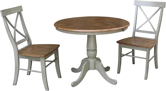 IC INTERNATIONAL CONCEPTS 36" Round Wood Distressed Hickory/Stone Extension Dining Table with 2 Chairs