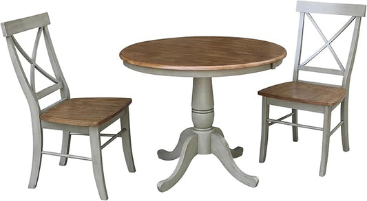 IC INTERNATIONAL CONCEPTS 36" Round Wood Distressed Hickory/Stone Extension Dining Table with 2 Chairs
