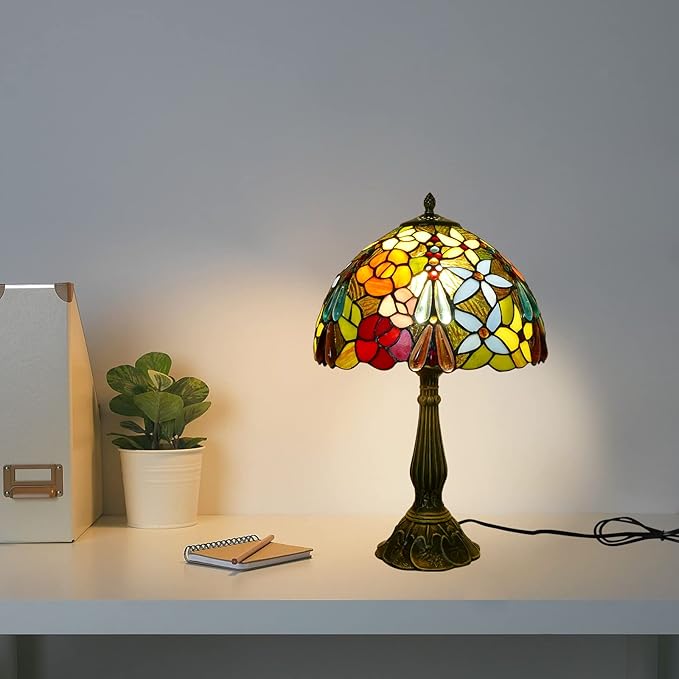 Tiffany Table Lamp 12x12x19 Inch Multi-Color Flowers Style Table Lamp Stained Glass Lamp Bedside Nightstand Reading Desk Light for Bedroom Home Office Decor (LED Bulb Included)