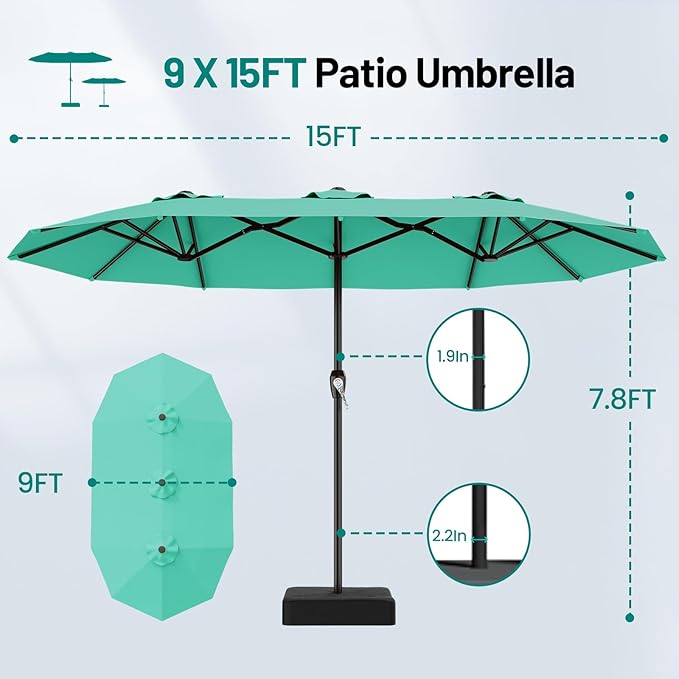AreShark 15ft Patio Umbrella with Base, Double Sided Outdoor Umbrella with 12 Fiberglass Ribs, Large Outdoor Umbrella for Garden, Pool, Deck, Backyard & Market, Cerulean