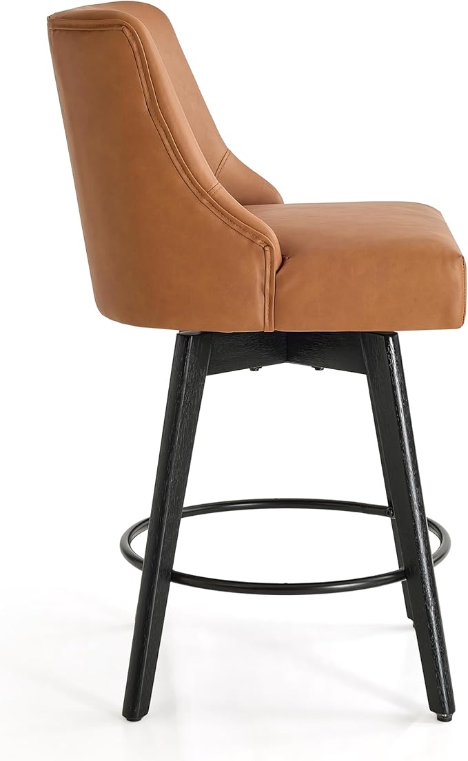 Vipbear Counter Height Bar Stools Set of 2, 26" H Swivel Bar Stools with Backs, PU Leather Upholstered Bar Chairs with Solid Wood Legs for Kitchen Island, Dining Room, Home Bar, Brown