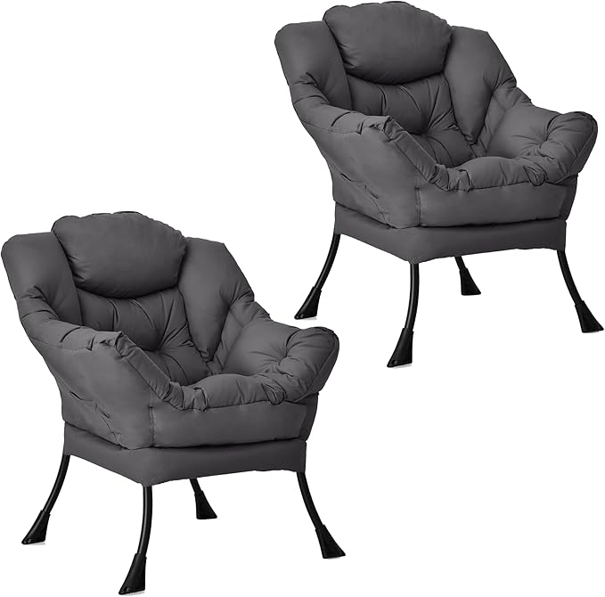 KOMFOTT Modern Accent Chair Set of 2, Soft Upholstered Lazy Sofa with Side Pocket & Armrests, Single Sofa Armchair, Leisure Sofa Chair for Living Room, Bedroom, Gray
