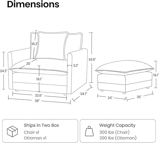 Chenille Oversized Chair with Ottoman - 39”W Big Comfy Reading Chair and Ottoman Set, Lounge Chair for Living Room, Bedroom, Kids Room, Reading Nook, Family Room, Sand Beige