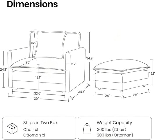 Chenille Oversized Chair with Ottoman - 39”W Big Comfy Reading Chair and Ottoman Set, Lounge Chair for Living Room, Bedroom, Kids Room, Reading Nook, Family Room, Navy Blue