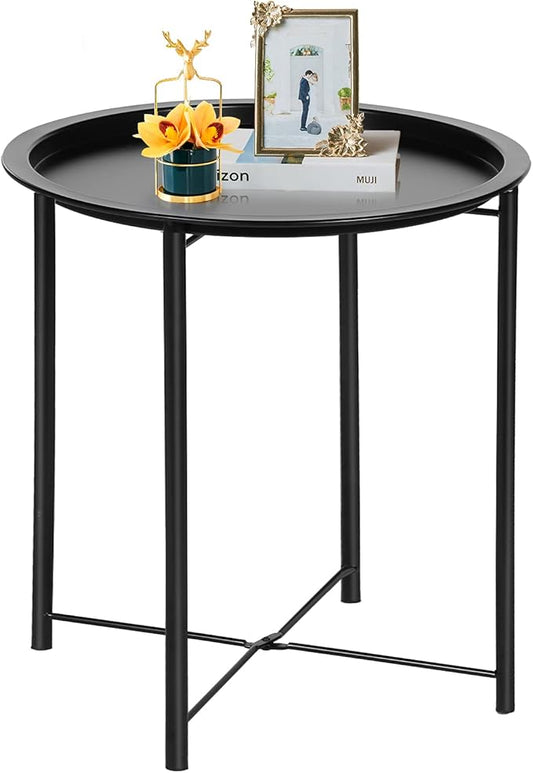 VECELO Side/End Table, Folding Round Metal Anti-Rust and Waterproof Outdoor or Indoor Tray for Living Room Bedroom Balcony and Office, 1 PCS, Black