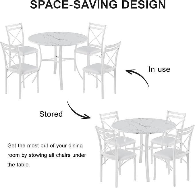 VECELO 5 Piece Dining Table Set for 4 with Chairs, Faux Marble Tabletop, Small Space, Kitchen, Breakfast Nook, White