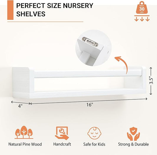Heimlove Nursery Floating Shelves, White Nursery Book Shelves for Wall, 16 inch Wall Bookshelf for Kids Solid Wood Shelves for Books,Toys and Decor Storage, Set of 3