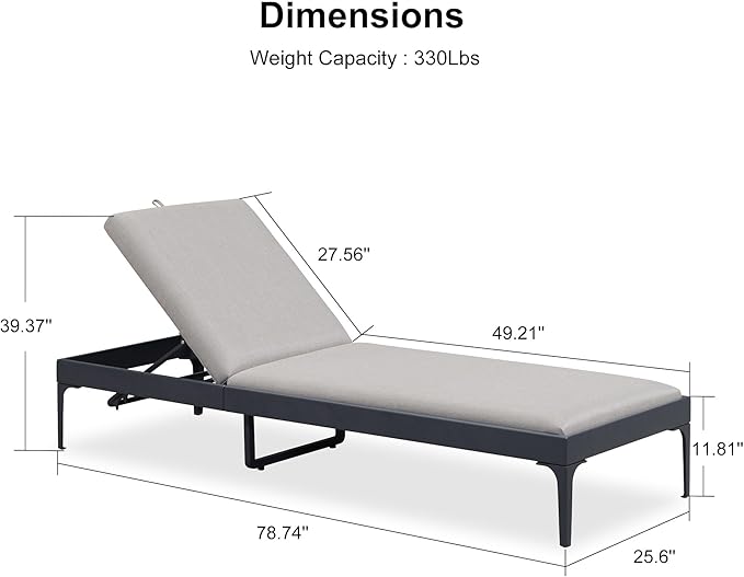 PURPLE LEAF Outdoor Chaise Lounge Set of 2 Aluminum Adjustable Patio Lounger Chairs with Cushions Reclining Beach Daybed for Poolside Balcony Deck Backyard, Dark Grey