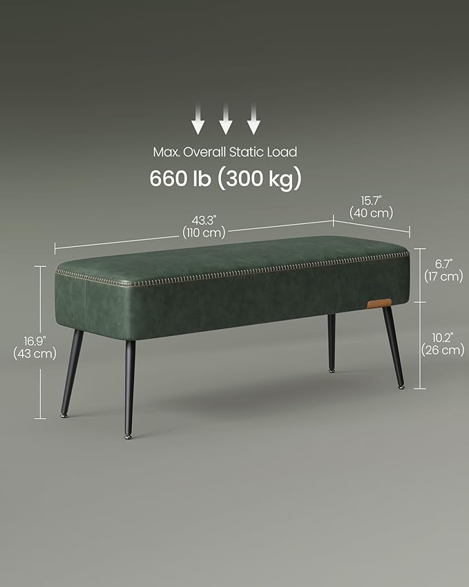 VASAGLE EKHO Collection - Bench for Entryway Bedroom, Synthetic Leather with Stitching, Ottoman Bench with Steel Legs, Living Dining Room, Mid-Century Modern, Loads 660 lb, Forest Green ULOM076C01