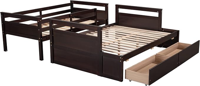 Twin Over Full Bunk Beds with 2 Under Bed Storage Drawers, Stronger & More Stable Bunkbed, Espresso