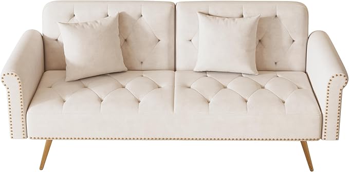 Convertible Futon Sofa Bed , Adjustable Sleeper Couch Modern Velvet Tufted Recliner Reversible Loveseat Folding Daybed Guest Bed Sofacama w/ Nailhead Trim and Golden Metal Legs for Living Room Office
