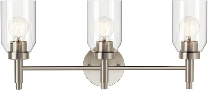 Kichler Madden 3-Light Vanity with Clear Glass in Brushed Nickel, Sloped Ceiling Compatible, for Single Vanity in Bathroom (10.5" x 24"), 55185NI
