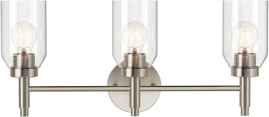 Kichler Madden 3-Light Vanity with Clear Glass in Brushed Nickel, Sloped Ceiling Compatible, for Single Vanity in Bathroom (10.5" x 24"), 55185NI