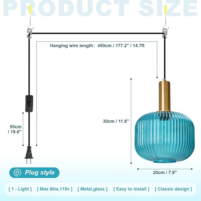 Hanging Pendant Light Plug in, 2 Pack Blue Ribbed Glass Pendant Lighting with Plug in Cord, Mid Century Modern Gold Plug in Hanging Light Fixtures for Kitchen Island Dining Room Bedroom