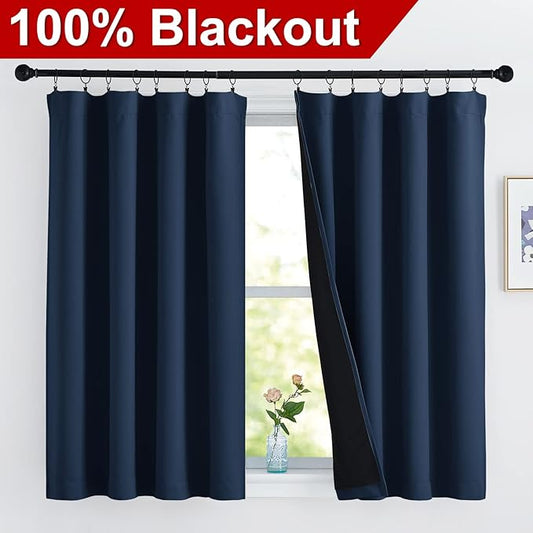 NICETOWN 100% Blackout Curtains with Black Liners, Thermal Insulated 2-Layer Lined Drapes, Energy Efficiency Small Window Draperies for Dining Room (Navy, 2 Panels, 52 inches W by 54 inches L)