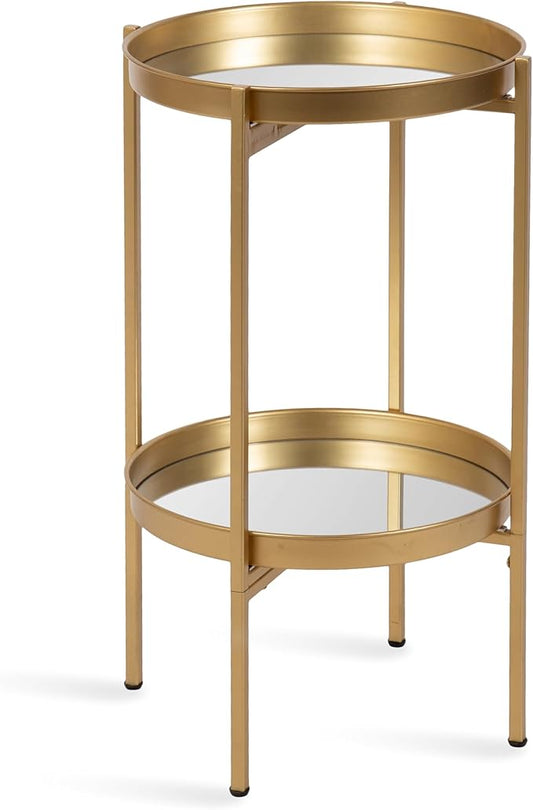 Kate and Laurel Celia Round Metal Foldable Tiered Side Table; 16 x 26; Gold; Modern Accent Table with Mirrored Magnetic Tray Tabletops and Space-Saving Folding Base