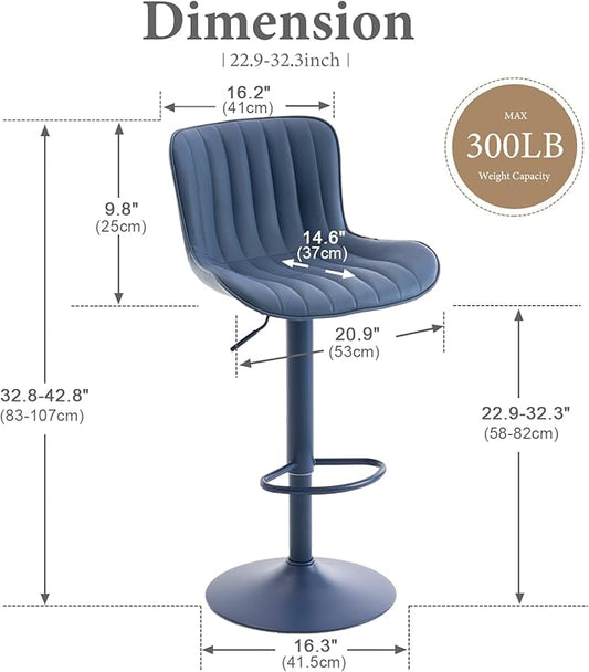 YOUNUOKE Bar Stools Set of 2, Counter Height Barstools for Kitchen Island, Modern Adjustable Swivel Blue Bar Chairs with Blue Legs