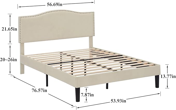 VECELO Full Bed Frame, Platform Bed Frame with Adjustable Height Upholstered Headboard, Heavy-Duty Frame and Strong Wooden Slats Support, Non-Slip and Noise-Free, Easy Assembly, Beige
