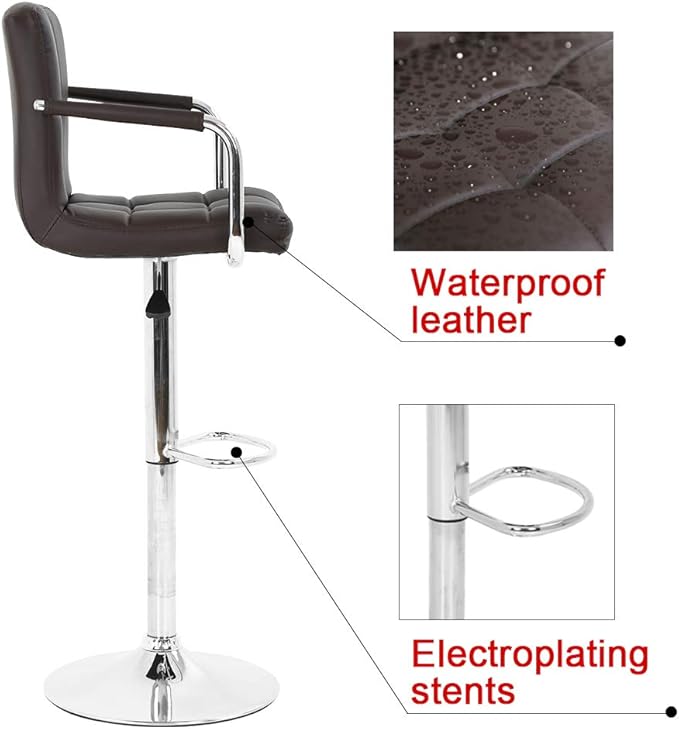 BestOffice Modern Bar Stool Set of 2 Barstools Armrest Height Adjustable Counter Stools Bar Chairs Swivel Bar Stool PU Leather Hydraulic Dining Room Chairs Home Kitchen Stools (Brown)