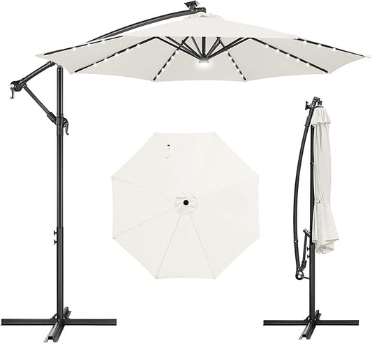 FLAME&SHADE 10ft Solar Cantilever Umbrella with 40 LED Lights, Lighted Large Offset Outdoor Patio Umbrellas, 8 Sturdy Ribs, UPF50+ UV Protection for Pool Deck Garden Yard, Ivory