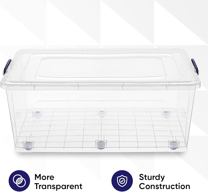 Superio Clear Storage Bin with Lid, Large Stackable Container with Lid, 60 Quart Wheeled Storage Box for Home, Garage, Storage