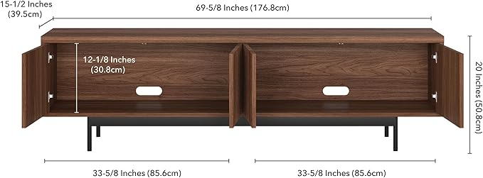 Henn&Hart Fluted TV Stand for TVs up to 75" with 2 Open-Concept Ribbed Storage Cabinets for Living Room, Family Room, or Office, Medium Walnut