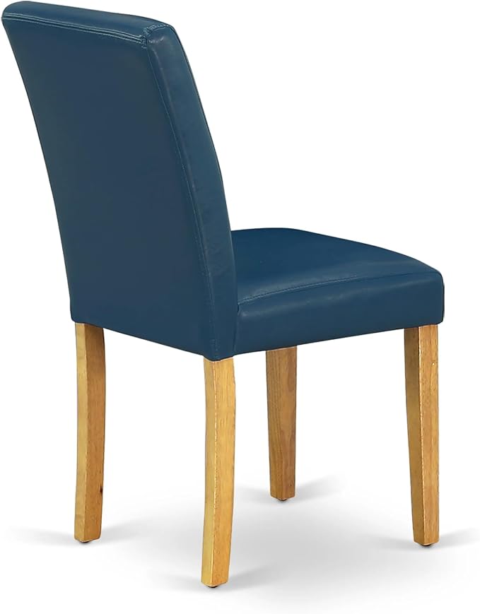 East West Furniture ANAB3-OAK-55 3 Piece Kitchen Table & Chairs Set Contains a Round Dining Room Table with Pedestal and 2 Oasis Blue Faux Leather Parsons Chairs, 36x36 Inch, Oak