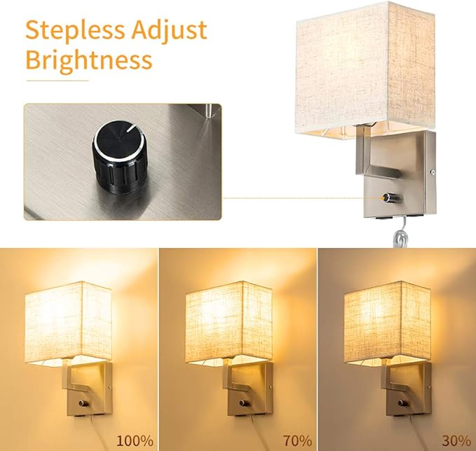 Bedside Wall Mount Light with Dimmer Switch and Two USB Charging Port,Fabric Linen Shade Wall Sconces Light with Plug in Cord and Satin Nickel Finish, Perfect for Bedroom, Living Room and Hotel