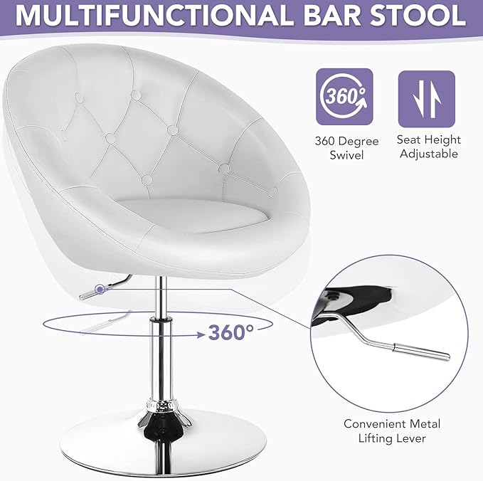 Tufted Leather Swivel Accent Chair - Height Adjustable, Round Back, Chrome Frame, Suitable for Bedroom, Lounge, Bar