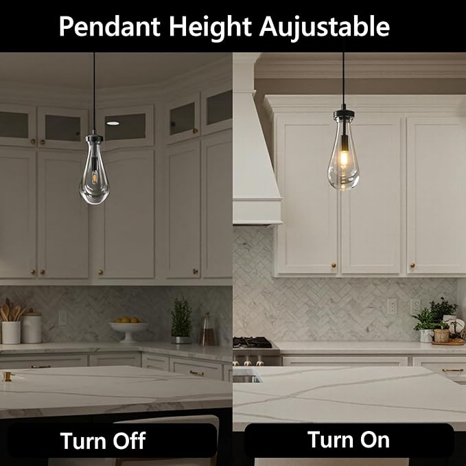Raindrop Pendant Lights Kitchen Island Set of 3, Black Rain Pendant Island Light DimmableTeardrop Pendant Lights Dining Room Height Adjustable Glass Waterdrop Pendant Light, E12 Bulb Included