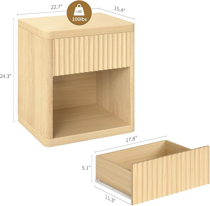 Night Stand Set of 2, Fluted Nightstand with Drawers, Wood Bedside Table with Storage, Bed Side Table Large Nightstands, End Tables Sofa Side Tables Night Stands for Bedroom Living Room