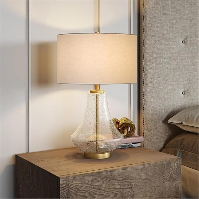 Lagos 23" Tall Table Lamp with Fabric Shade in Seeded Glass/Brushed Brass/White