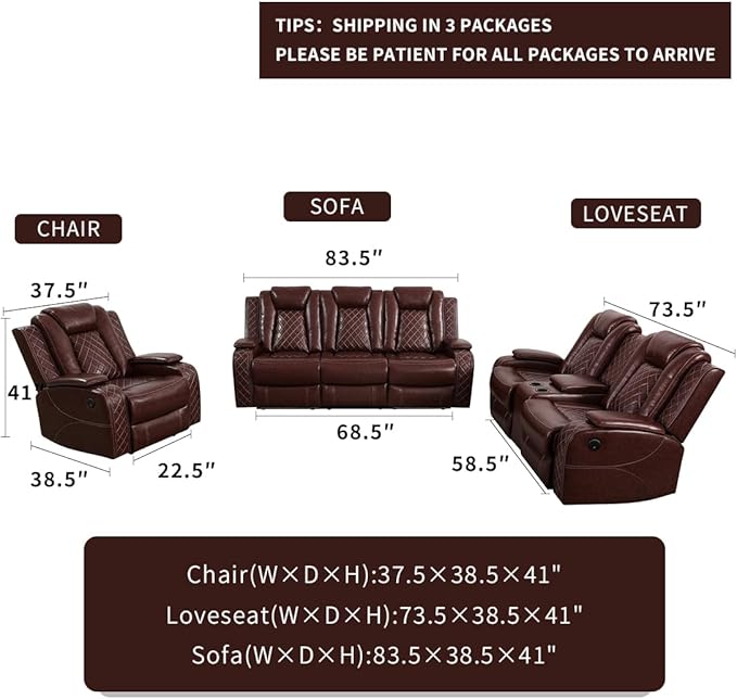 Living Room Furniture Sets, Brown Leather Secitonal Power Recliner Sofa,Power Reclining Sofa Set with 2 Recliner Seats/LED Light/Cup Holder/Storage Console for Living Room/Apartment/Office/RV