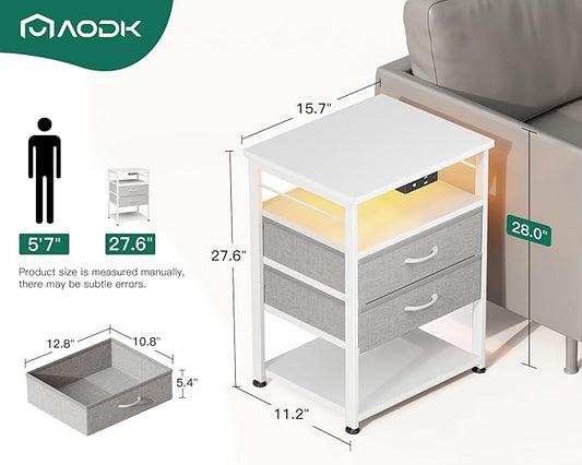 AODK Night Stand with Charging Station and LED Lights, 27.6 Inch Bed Side Table with 2 Drawers and Open Shelf, Bedside Table for Bedroom, Living Room, White & Light Grey