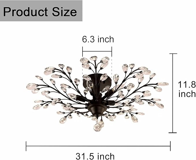 SEOL-Light Vintage Large Crystal Branches Chandeliers Black Close to Ceiling Light Flush Mount Fixture with 5 Light 200W 31.5" Dia;