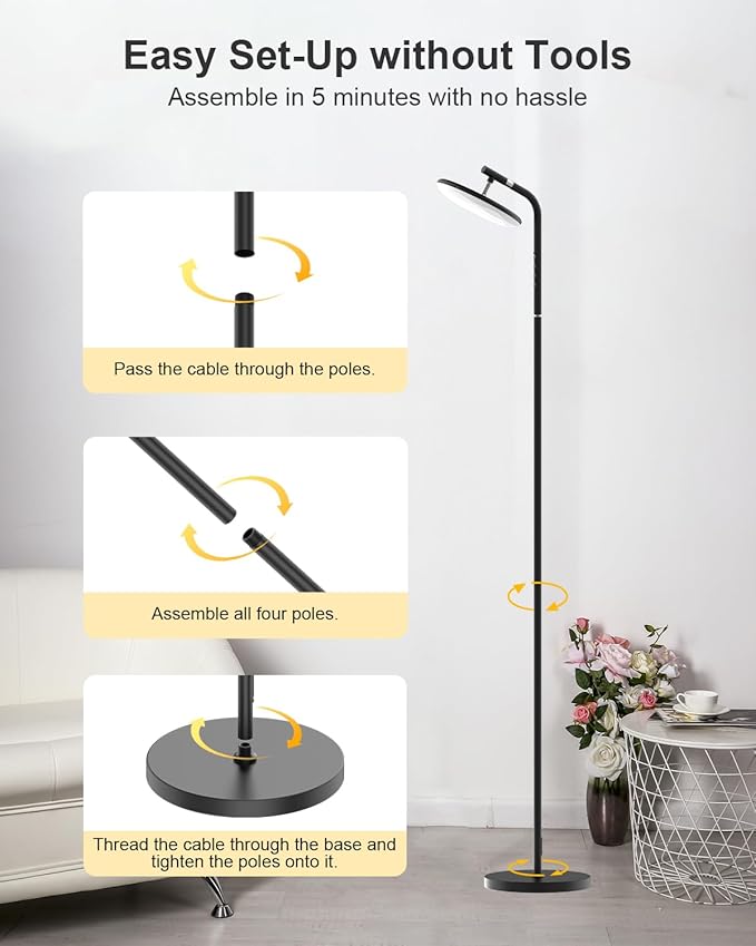 LED Floor Lamp, 32W Super Bright Standing Lamp with Remote Control, Modern Dimmable 69" Torchiere Tall Lamp, 350°Rotating Head Reading Floor Lamp for Living Room, Bedroom, Office, Black