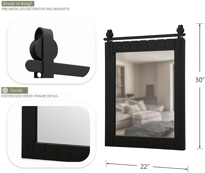 Besdomus Bathroom Black Farmhouse Mirror: 22"x30" Barn Door Solid Cedar Wood Frame Vanity Mirror - Wall Mounted Mirror Entryway/Bathroom/Living Room - Rustic Wall Decor for Housewife
