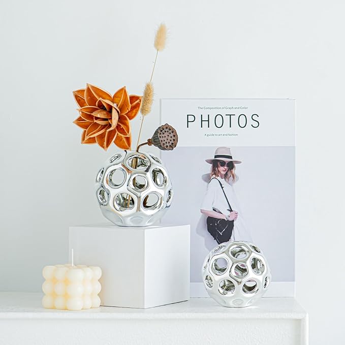 Silver Knot Orbs Decorative Objects, Modern Geometric Balls Centerpieces, Orb Knick Knacks Home Decor, Ceramic Coffee Table Sculptures for Living Room, Bedroom, Office Desktop, Bookshelf (Silver)