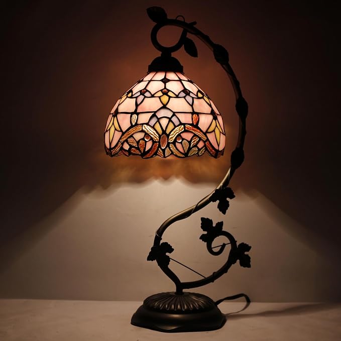WERFACTORY Tiffany Table Lamp Pink Stained Glass Baroque Style Reading Desk Light, Metal Leaf Base 8X10X21 Inches Decor Small Space Bedside Bedroom Home Office S003P Series