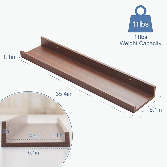 Wall Shelves for Living Room, Nursery Book Shelves Walnut Bathroom Shelves Over Toilet Floating Shelves for Wall, Modern Wood Storage for Bedroom, Kid's Room, Kitchen, 36inch, Set of 6