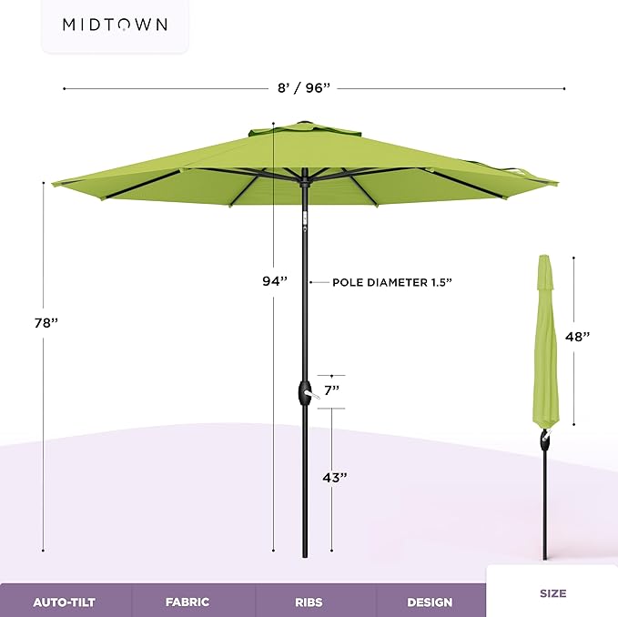 Midtown Umbrellas – The Lean 10 Ft Patio Umbrella with 10-Year-No-Fade Acrylast Acrylic Fabric, Auto-Tilt and 8 Reinforced Ribs for Deck, Pool, Garden, Hotel & Cafes – Green Tropic Canopy, Black Pole