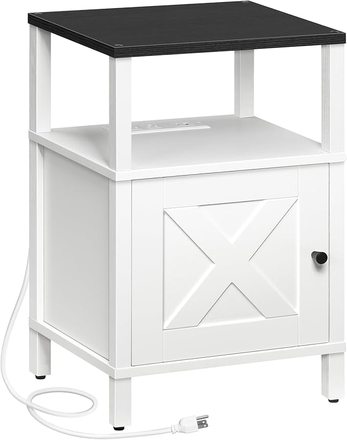 Farmhouse Nightstand with Charging Station, White Bedside Table with USB&Type-C Ports and Outlets, End Table with Storage, Night Stand for Bedroom, White and Black ETBW96E01