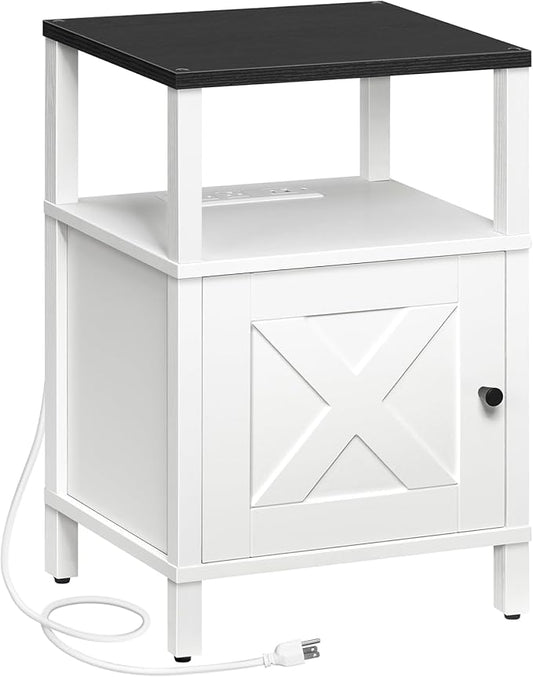 Farmhouse Nightstand with Charging Station, White Bedside Table with USB&Type-C Ports and Outlets, End Table with Storage, Night Stand for Bedroom, White and Black ETBW96E01