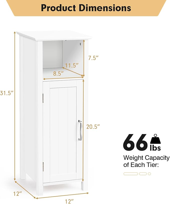 LDAILY LUARANE Wooden Bathroom Floor Storage Cabinet, Side Storage Organizer Cabinet with 1 Door Open Shelf Adjustable Shelves, Small Free Standing Sideboard for Entryway Living Room Kitchen (White)